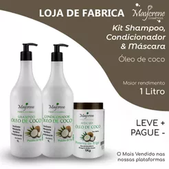 Kit Profissional Maycrene Óleo de Coco 1L | Shampoo 1L+ Condicionador 1L + Máscara 1KG| Hidratação e Brilho