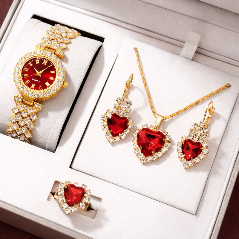 Conjunto Feminino Luxo: Relógio Dourado + Joias Coração Vermelho Presente Festa Casamento Namorados em Oferta na Shopee