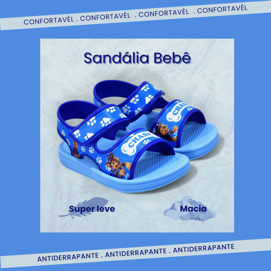 Sandalia Infantil Menino Bebe Com Velcro Antiderrapante Personagem Azul