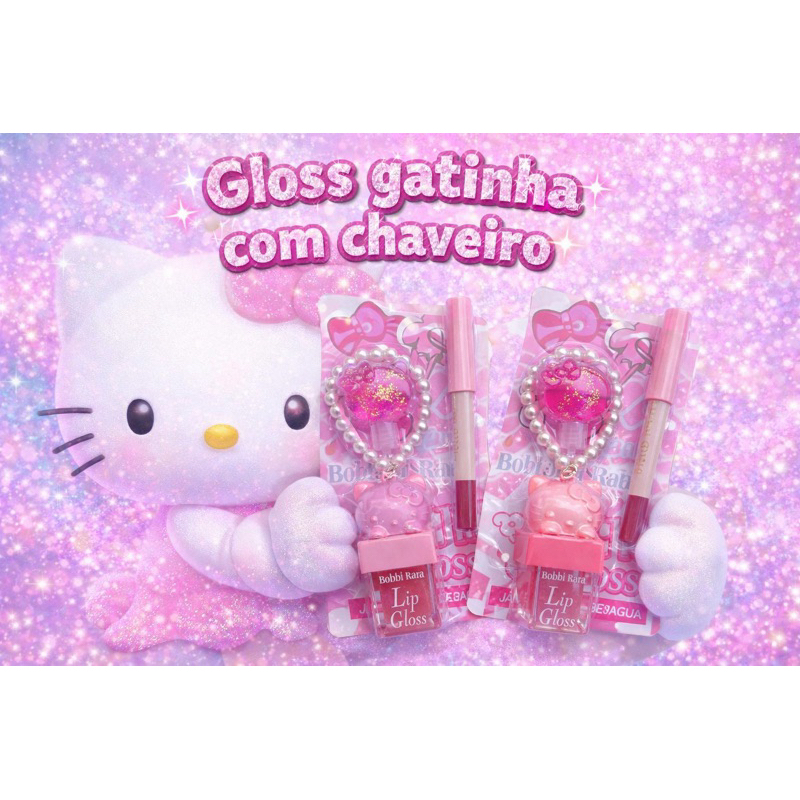 kit gloss labial com lapis contorno de boca e chaveiro com pérolas da gatinha a prova d‘água super fofo