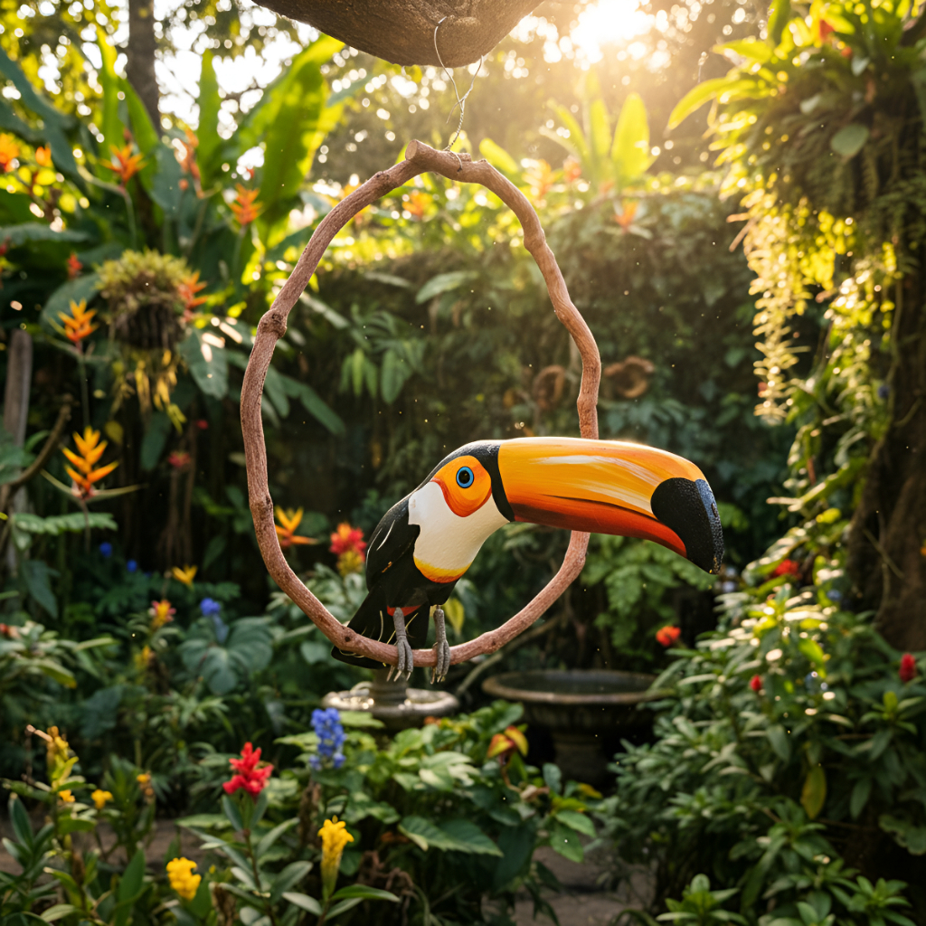 Tucano De Madeira Pássaro No Cipó Artesanal Decoração pendurar arvore enfeite fauna brasileira