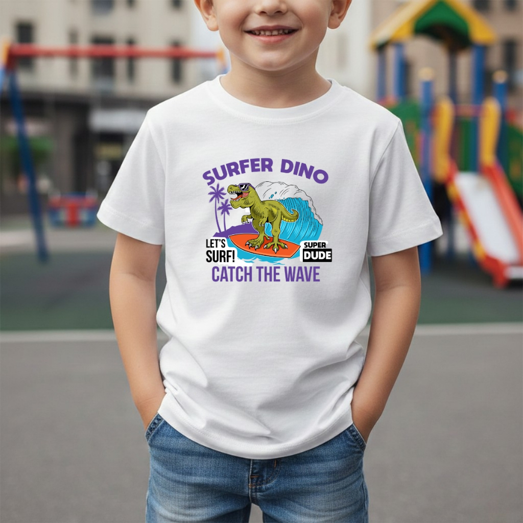 Camiseta Blusa Infantil Surfer Dino Dinossauro 100% Algodão Leve Branca Menino Criança
