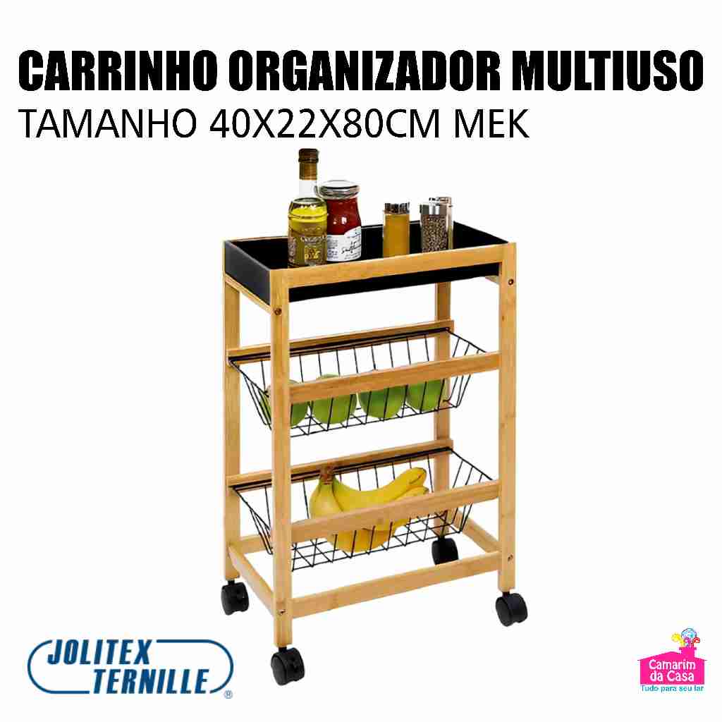 Carrinho Organizador Multiuso Trail MEK 22x40x80cm com Rodinhas Cozinha Banheiro Quarto Lavanderia