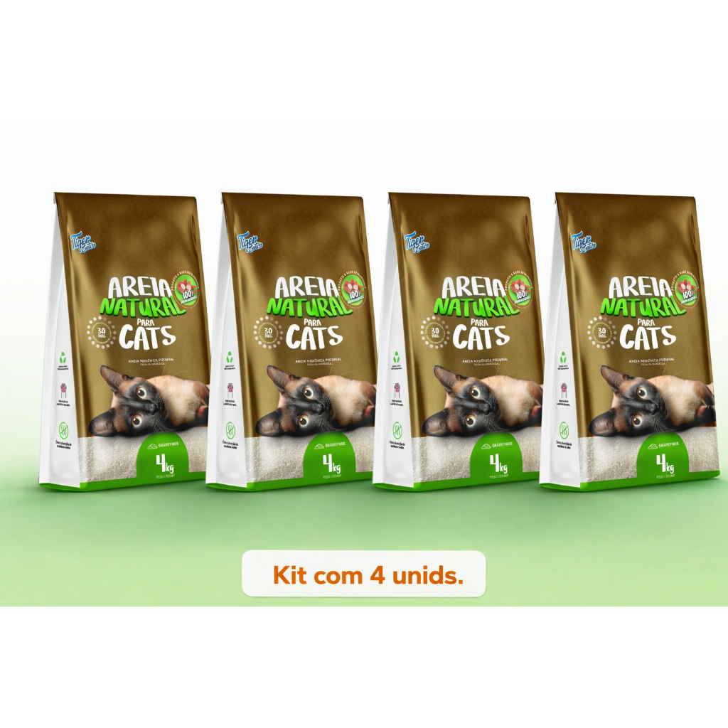 Areia Higiênica Natural Biodegradável Gatos Tiger Cats 4kg forma torroes firmes em 5 minutos kit com 4 unids