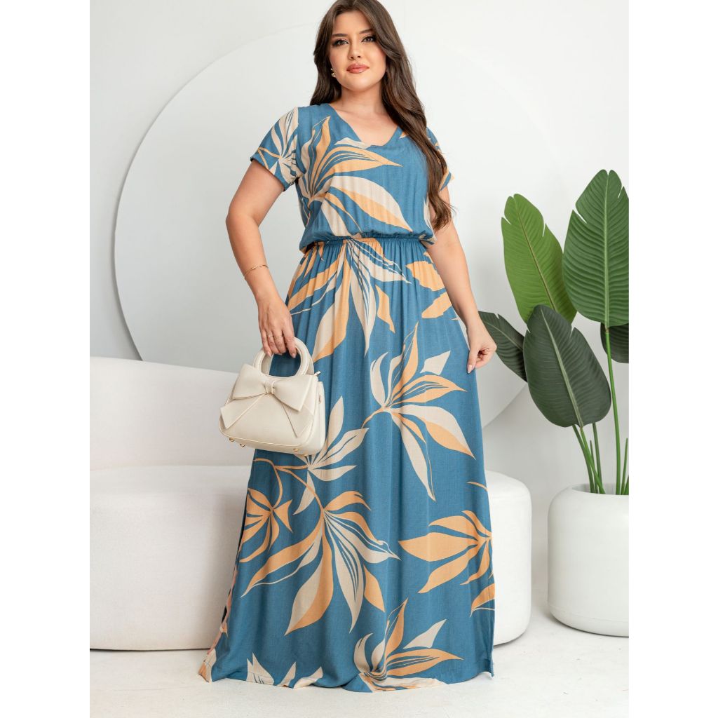 Vestido Longo Feminino Estampado Tropical Manga Curta Decote V Cintura com Elástico Casual Elegante em Oferta na Shopee