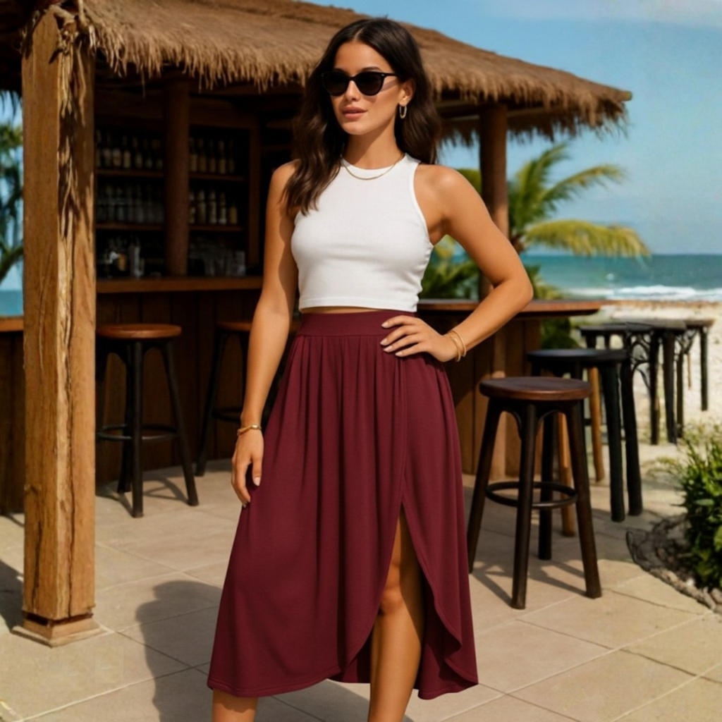 Saia Midi Malha Confortavel Fenda Lateral Moda Tendência em Oferta na Shopee