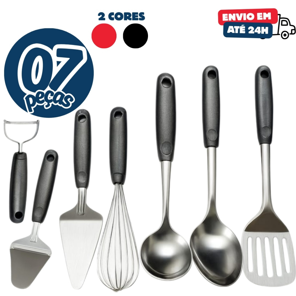 Kit 7 Utensílios Inox Colher Arroz Concha Espatula Vazada Descascador Espatula Bolo Fouet Fue Plaina