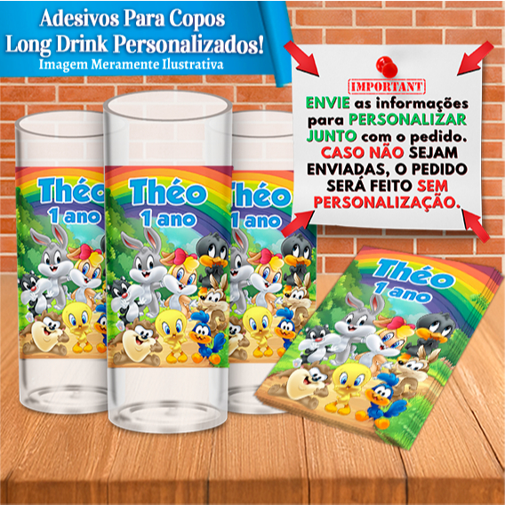 Adesivos Personalizados para Copo Long Drink Baby Looney Tunes