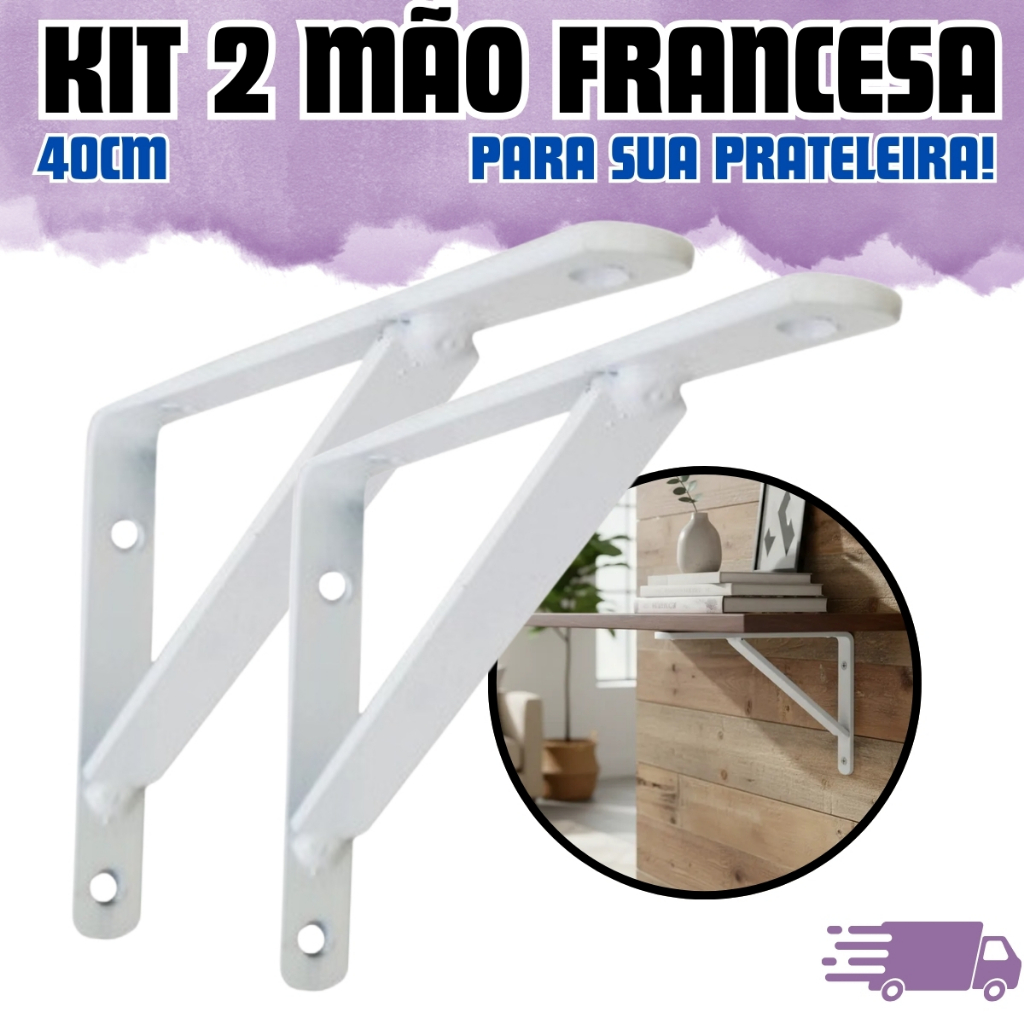 Kit 2 Mão Francesa Cantoneira 40cm para Prateleira Cantoneira em Ferro Reforçado Fixação na Parede