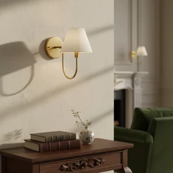 luminaria de parede arandela Curvada alumínio com cúpula tecido algodão sala quarto e cabeceira de cama escritório