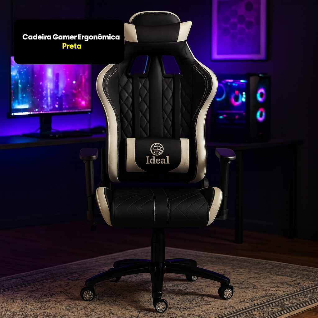 Cadeira Gamer Ideal Ergonômica Reclinável Couro Sintético Base Reforçada Preta