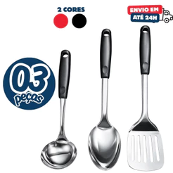 Kit 3 Utensílios Inox Concha Colher e Espatula Vazada Profissional Cozinha Restaurante Buffet