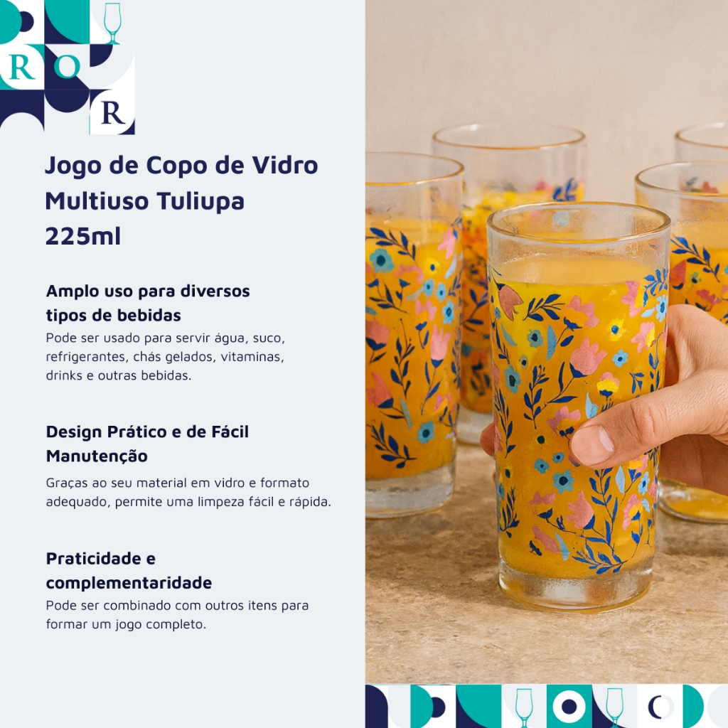 Jogo Copos de Vidro 225ml Flores 2 Long Drink Multiuso Tuliupa Ruvolo