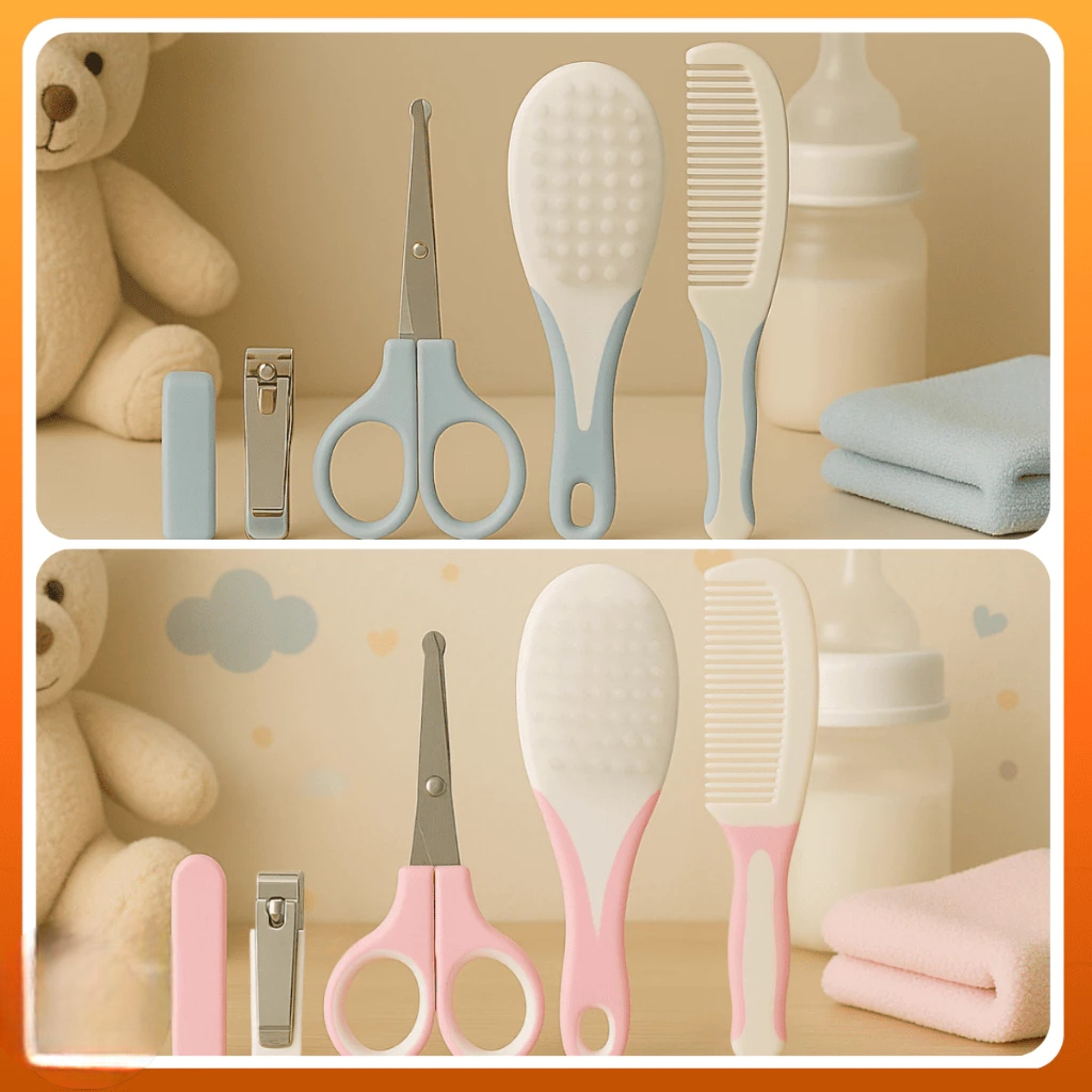 Kit 06 Peças Higiene Pente Cuidados Bebê Cortador Alicate Lixa Limpeza Escova Tesoura Toalha