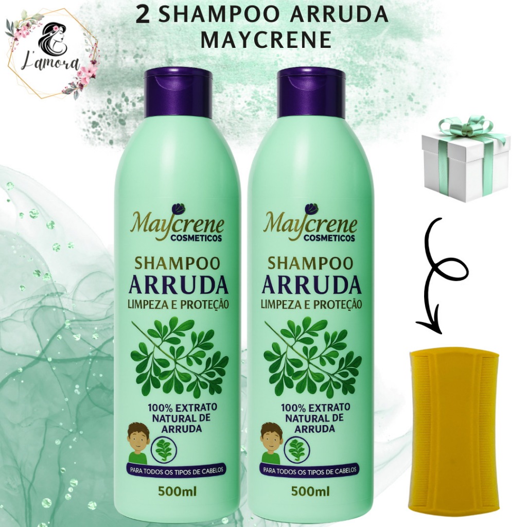 2 Shampoo Arruda Maycrene 500ml  + Pente Fino Mata Piolho Lêndeas Limpeza, Proteção