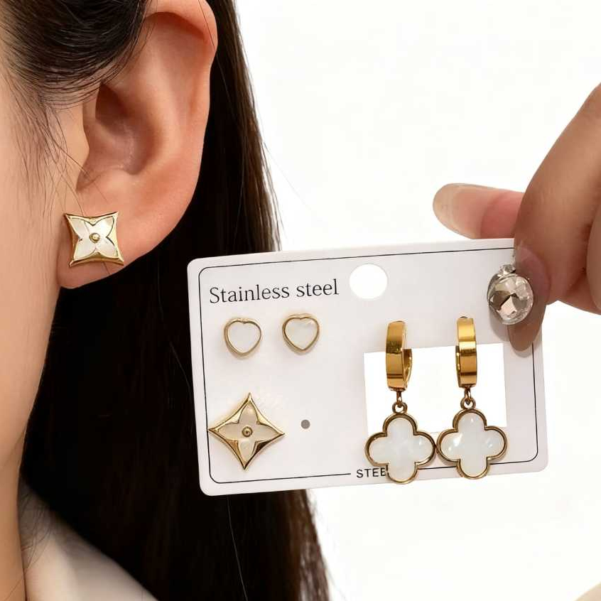 Kit 3 Pares de Brincos em Aço Inoxidável – Moda Simples, Bonitos e Antialérgicos em Oferta na Shopee