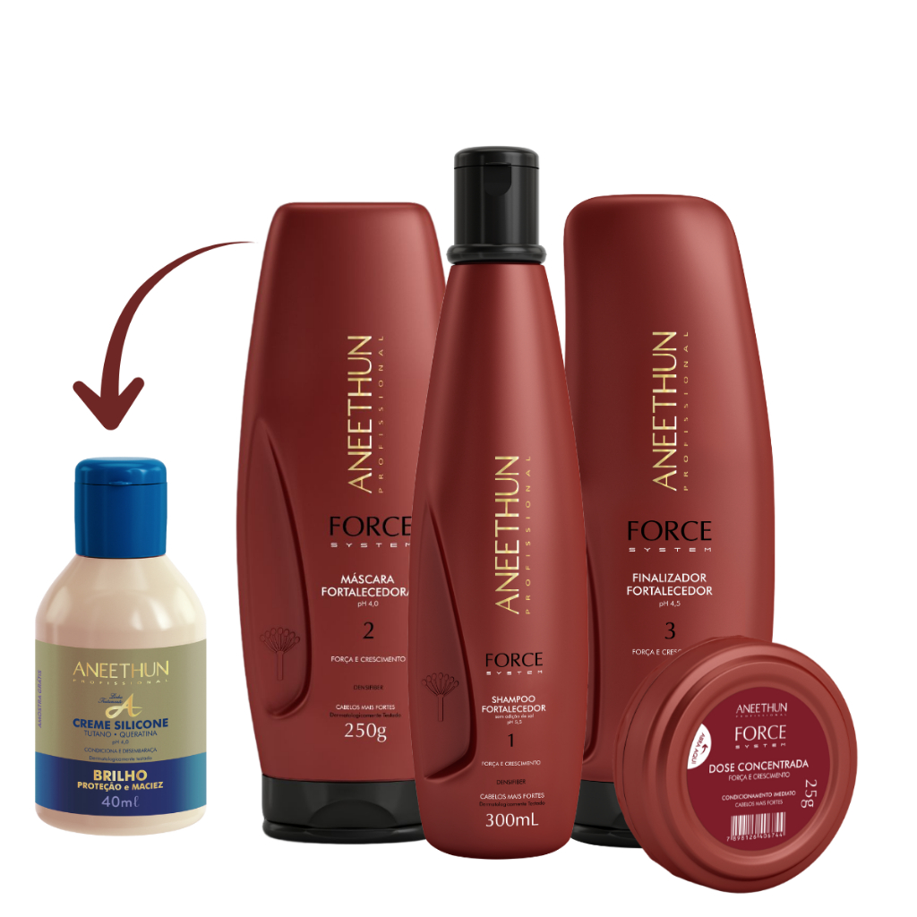 Kit Aneethun Tratamento Capilar Force System Força e Crescimento 4 Produtos + Brinde 01 Creme de Silicone 40ml em Oferta na Shopee