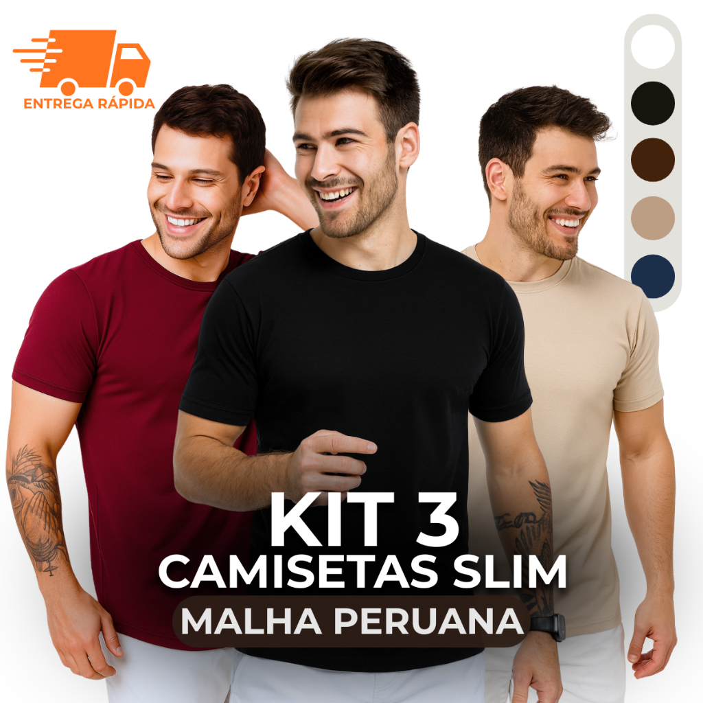 Kit 3 Camiseta Básica Masculina Premium Slim Cotton Algodão Malha Peruana com Elastano Lisa Casual em Oferta na Shopee