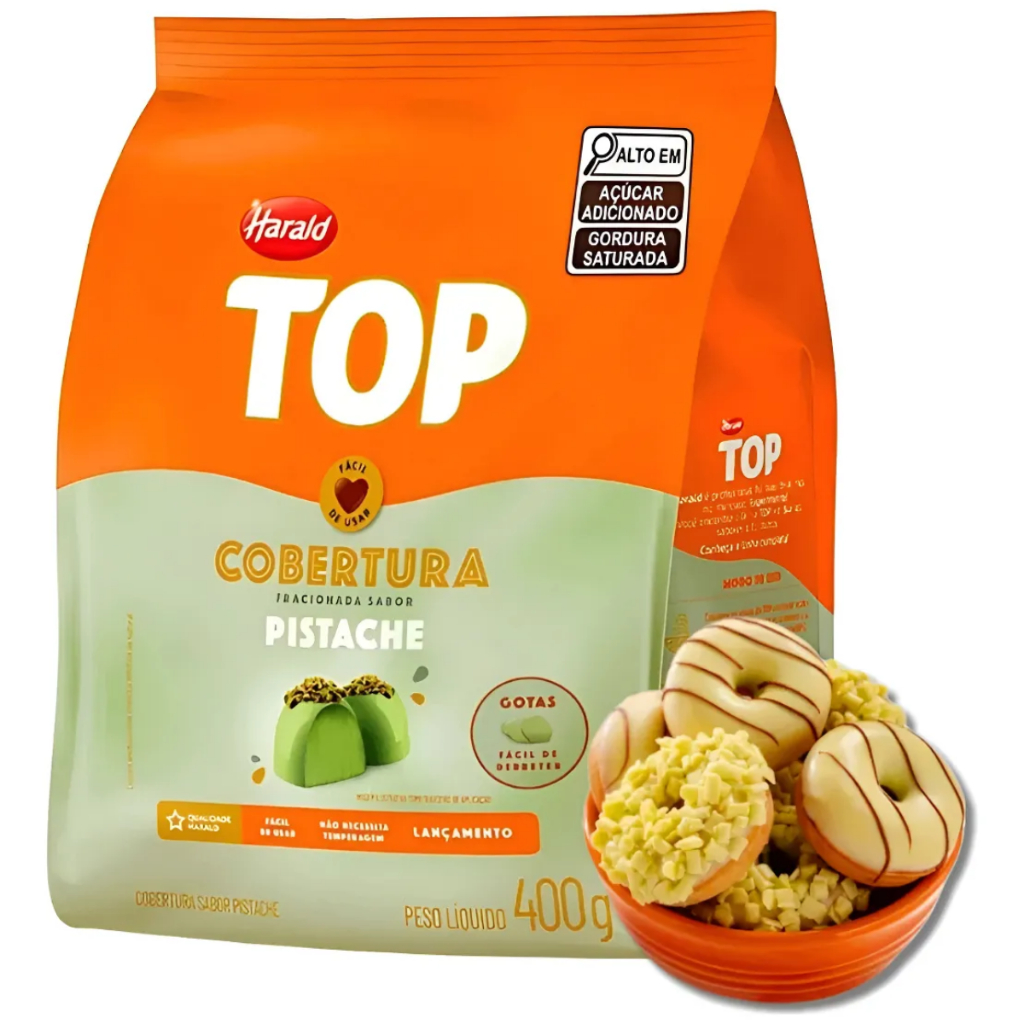 Gotas Cobertura Top chocolate Pistache 400g Harald em Oferta na Shopee