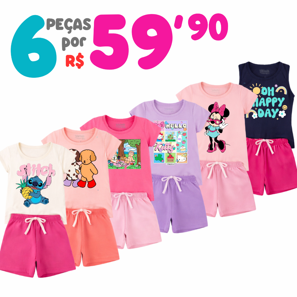 Kit Verão 6 Peças ou 2 Roupas Infantil Menina 2 à 12 Anos 3 conjunto infantil menina Camiseta Short