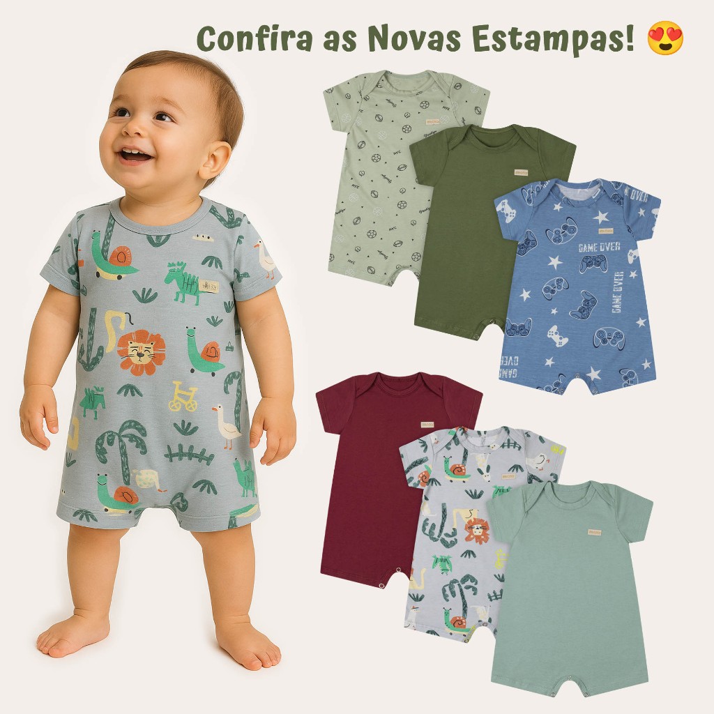 Kit 3 Peças Romper Meia Malha Liso Estampado Menino Verão 100% Algodão Lote 3 Peças Tam 1/2/3/P/M/G