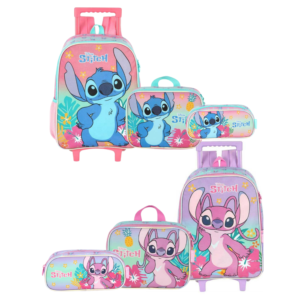 Kit Escolar Stitch Luxcel – Mochila de Rodinhas + Lancheira Térmica + Estojo com Glitter em Oferta na Shopee