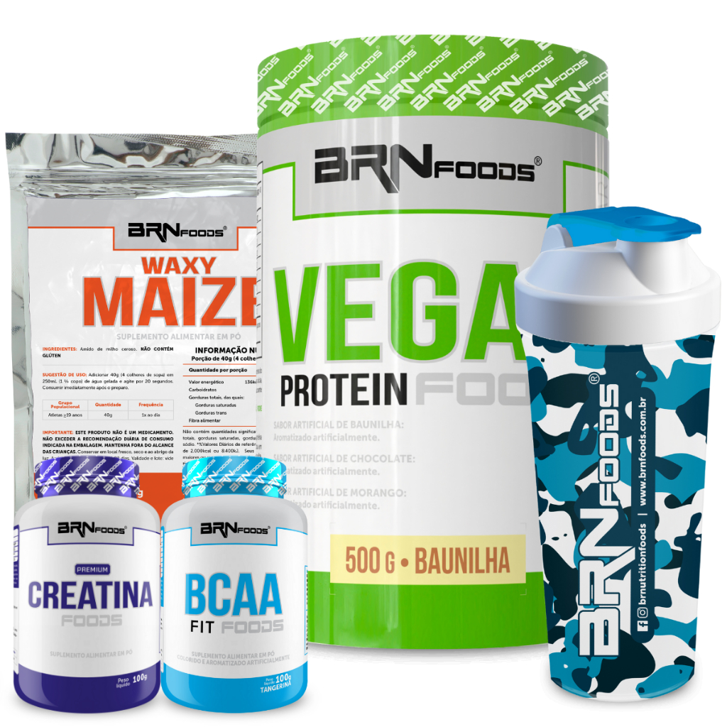 Kit Proteína Vegana 500g + Waxy Maize 800g + BCAA 100g + Creatina 100g + Coqueteleira - BRN Foods em Oferta na Shopee
