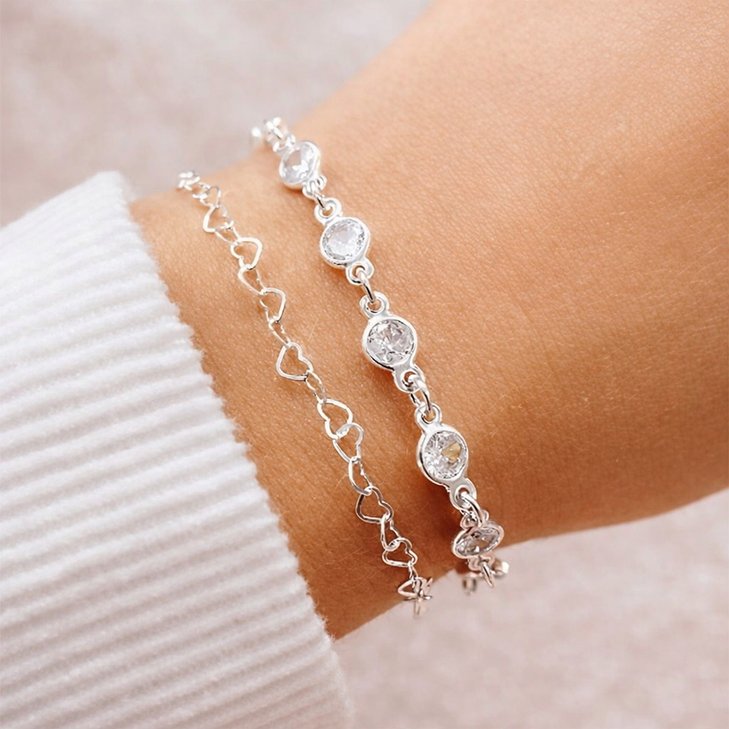 Kit 2 Pulseiras Prata 925  Coração Conjunto de Pulseira Feminina de Bolinha e Coração em Oferta na Shopee