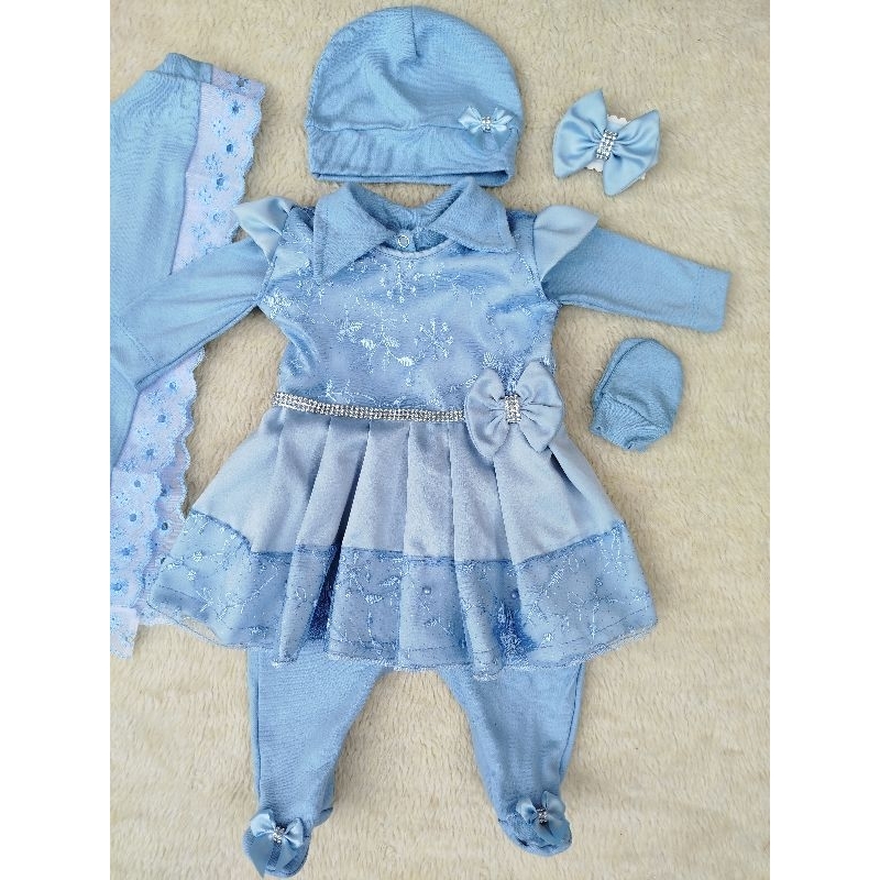 Saida de Maternidade Menina Luxo Toda Azul com Renda bordada