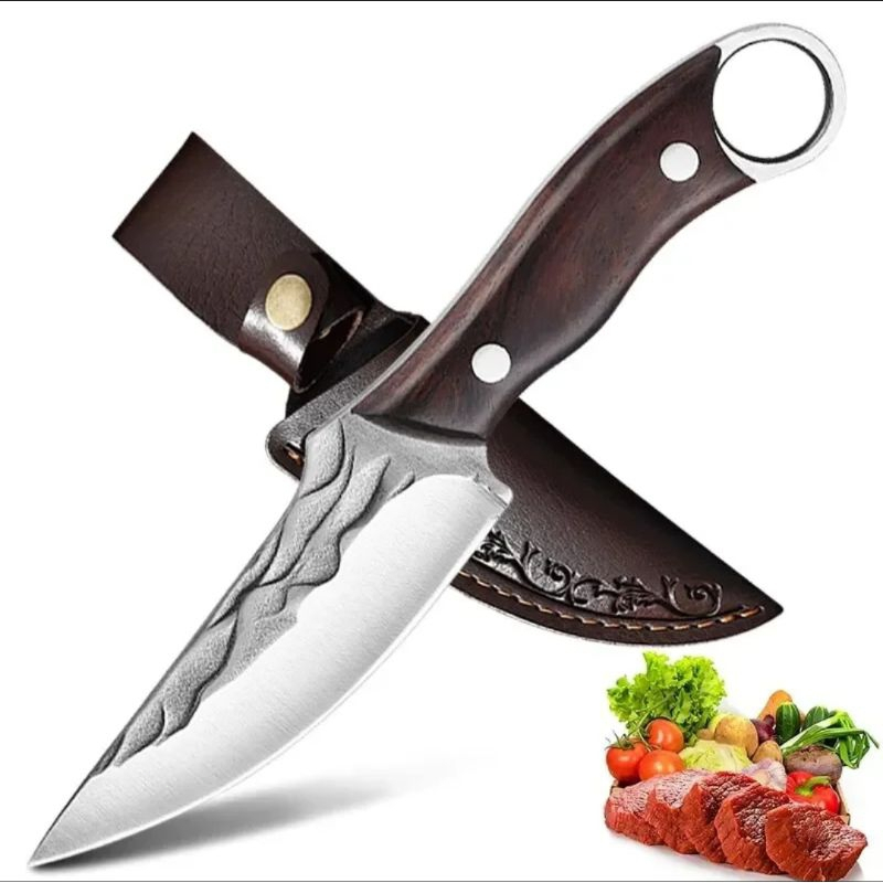 Faca de churrasco de aço inoxidável personalizada à mão para cozinha e acampamento + cobertura de couro BM-DJ311
