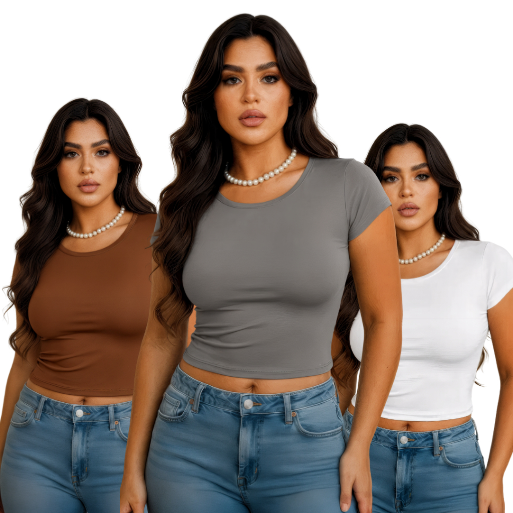 Kit 3 Baby Tee Feminina – Slim Fit | Manga Curta | Academia & Casual