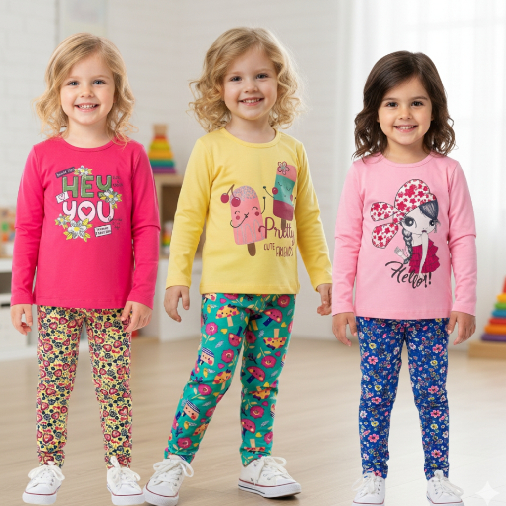 1 Conjunto Infantil Feminino Meia Estação Roupa Menina Legging Camiseta Manga Moda Infantil 1 ao 16