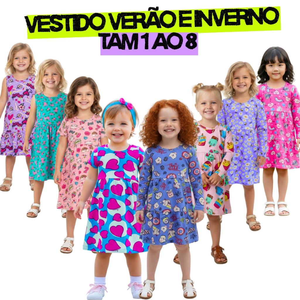 Kit 4 Vestido Infantil Verão e Inverno Manga Longa e Manga Curta Menina Feminino em Algodão 1 ao 8