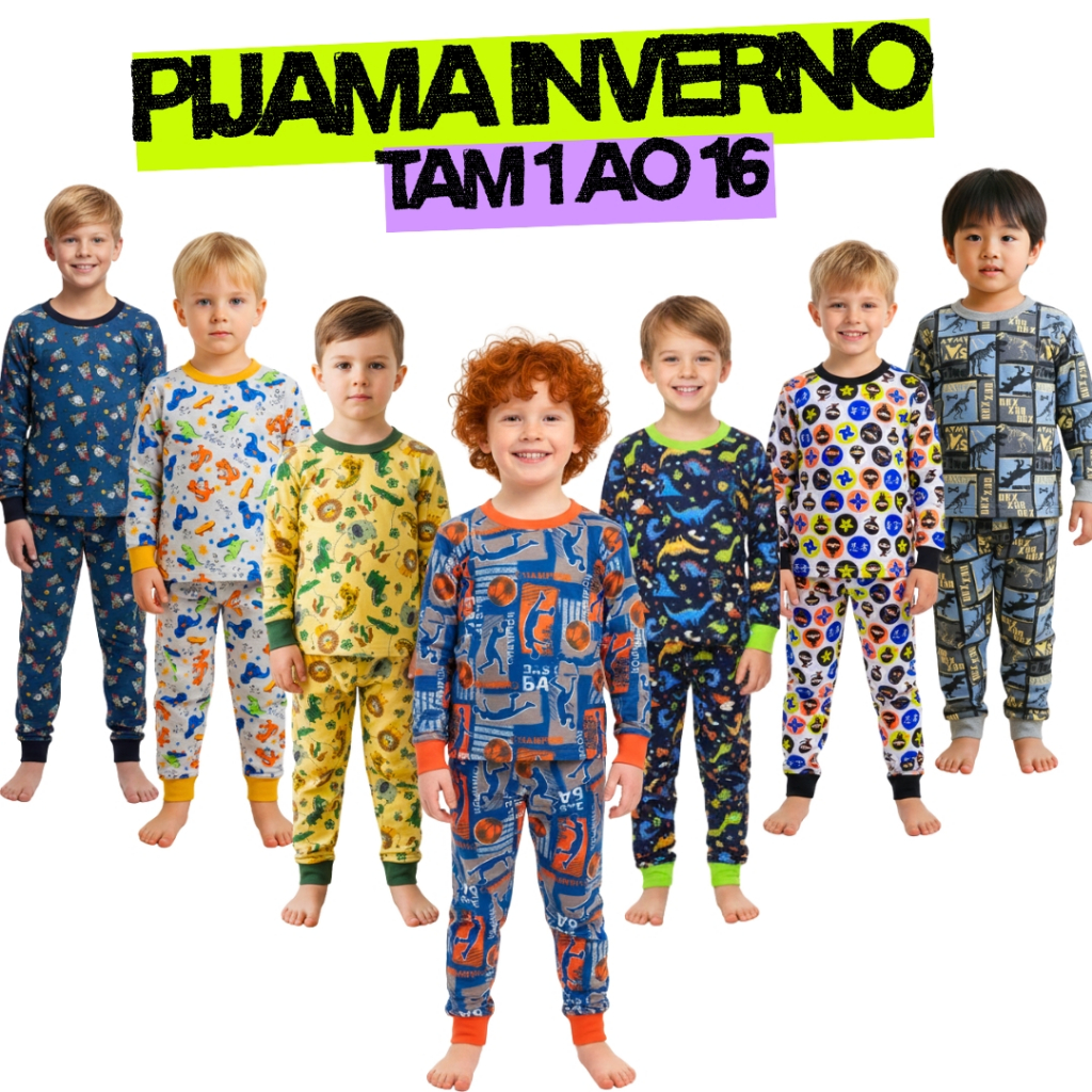 Kit 3 Pijama Infantil Menino Inverno Manga Longa e Calça com Punho Dino 100% Algodão 1 ao 16