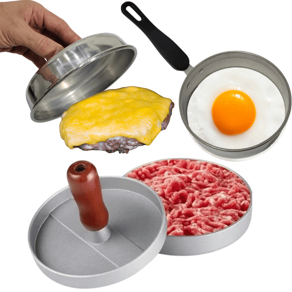 Kit Lanche na Chapa 1 Modelador Hamburguer 1 Molde Ovo 1 Abafador Alumínio