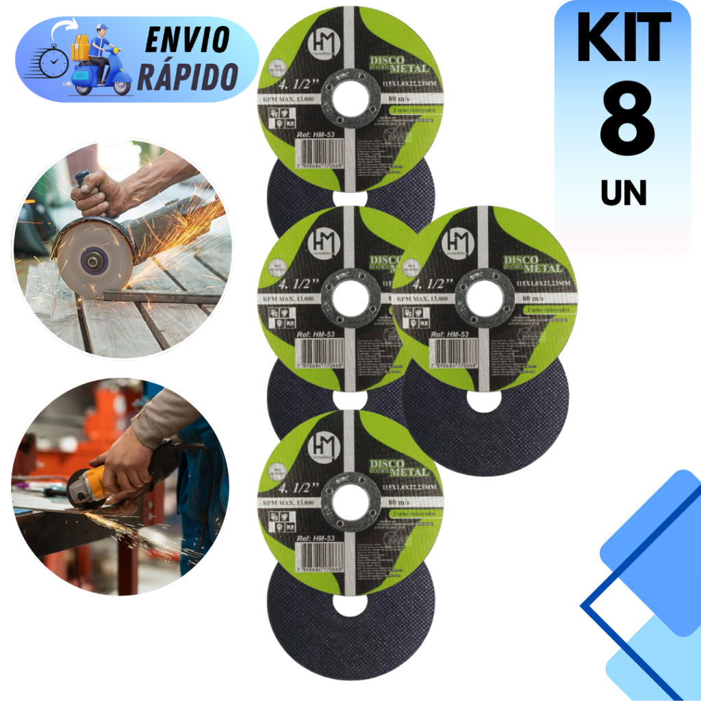 KIT JOGO 8 DISCOS DE CORTE PARA FERRO METAL AÇO 4.1/2 PARA ESMILHADEIRA E LIXADEIRA PROFISSIONAL PARA OBRA