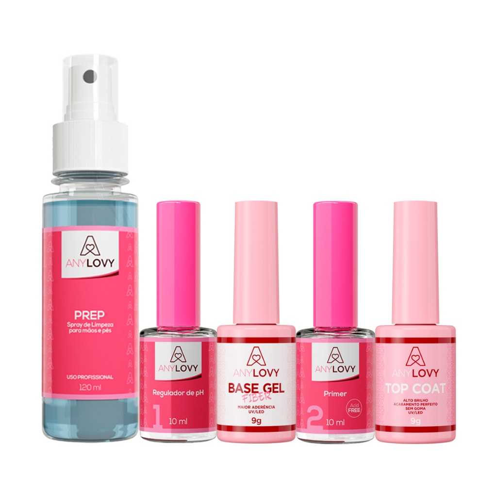 Kit Preparadores Any Lovy ( Prep Regulador Gel Base Fiber Primer E Finalizador Top Coat )