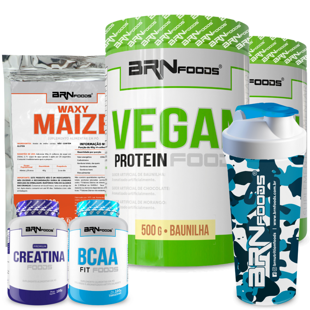 Kit 2x Vegan Protein 500g + Maize 800g + BCAA 100g + Creatina 100g + Coqueteleira - BRN Foods em Oferta na Shopee
