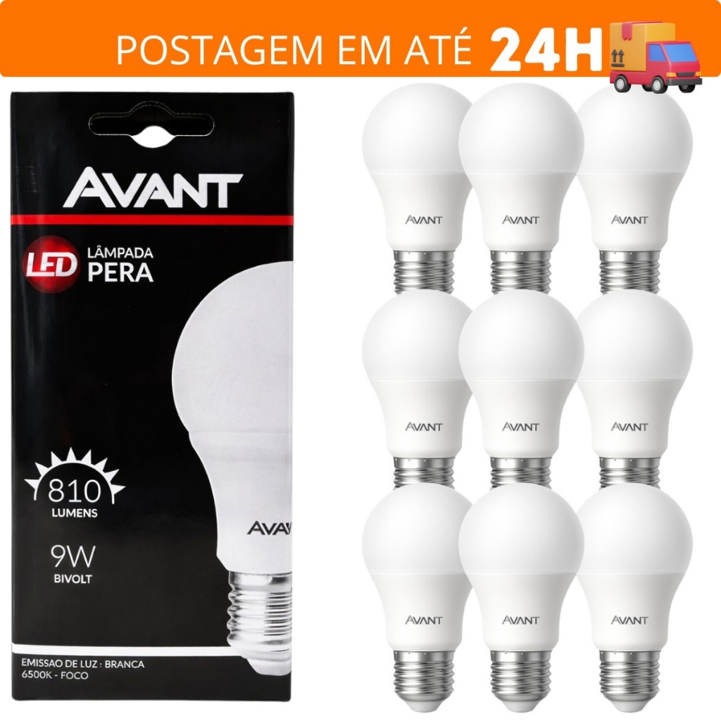Kit com 10 Lâmpadas Led Casa Quintal 9W Pêra Bulbo Bivolt Luz Branco Frio 6500K Avant