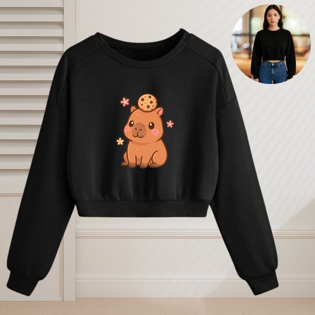 Blusa de Frio Feminina Moletom Cropped Estiloso Capivara Com Cookie Na Cabeça