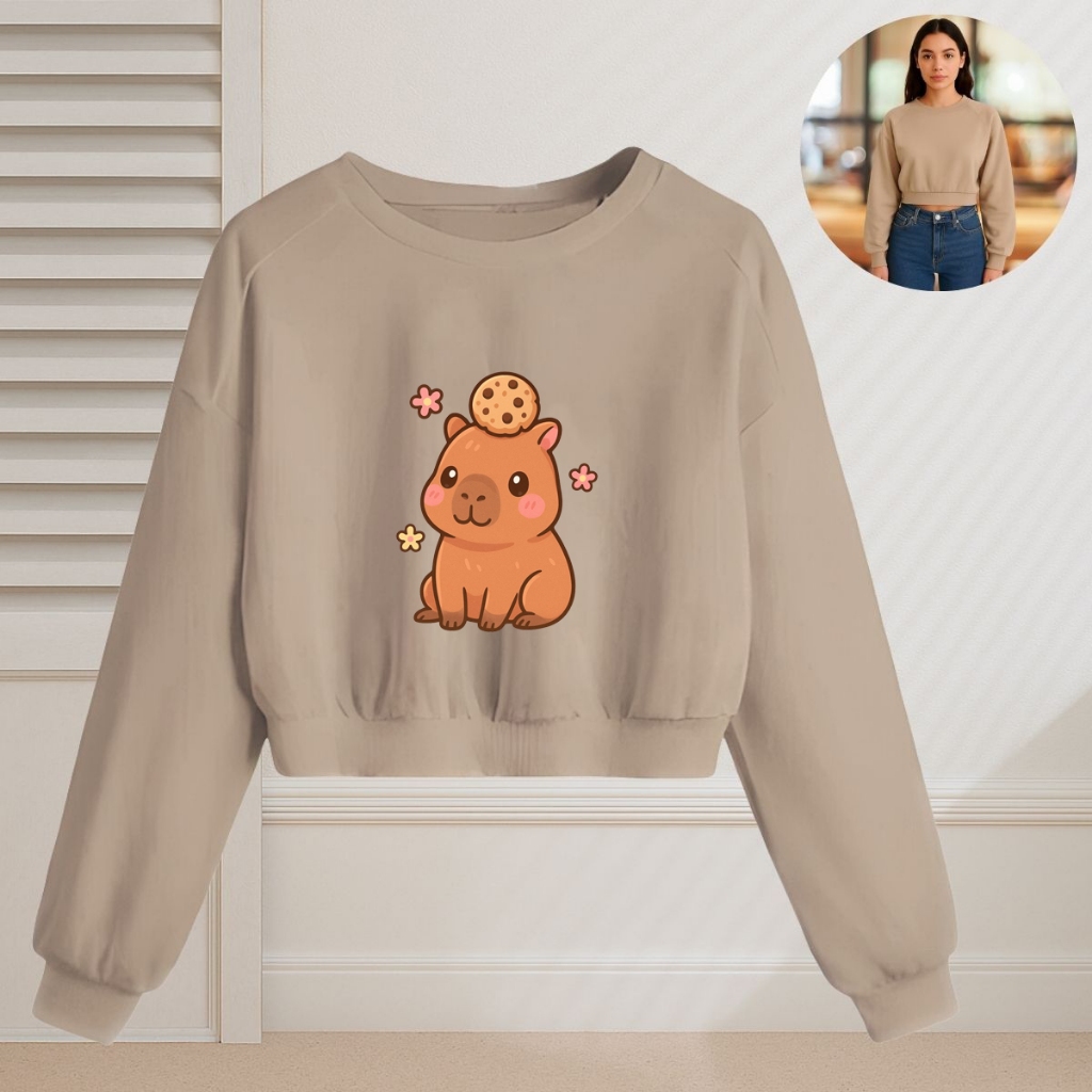 Blusa de Frio Cropped Feminina Moletom Casual Estampa Capivara Com cookie Na Cabeça