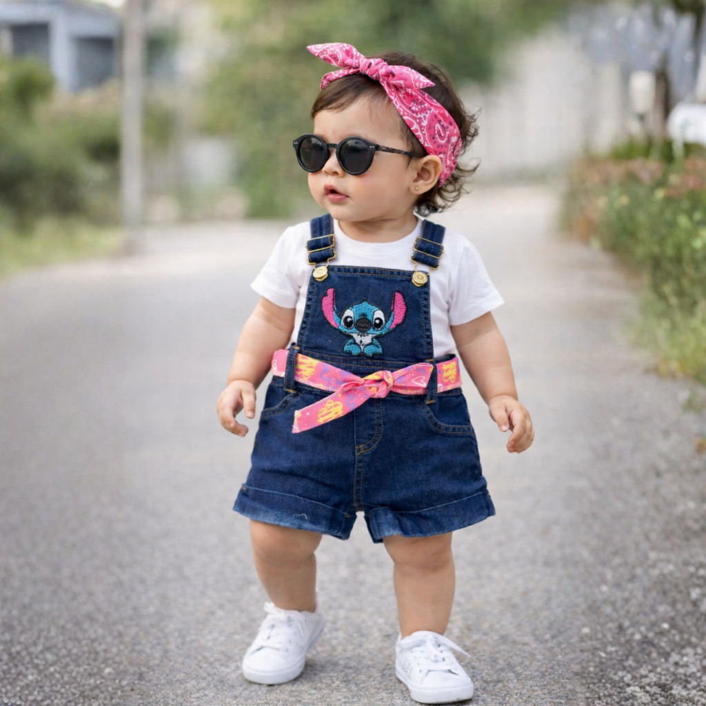 Macaquinho Jeans Infantil 1 a 3 Anos Bordado Stitch em Oferta na Shopee