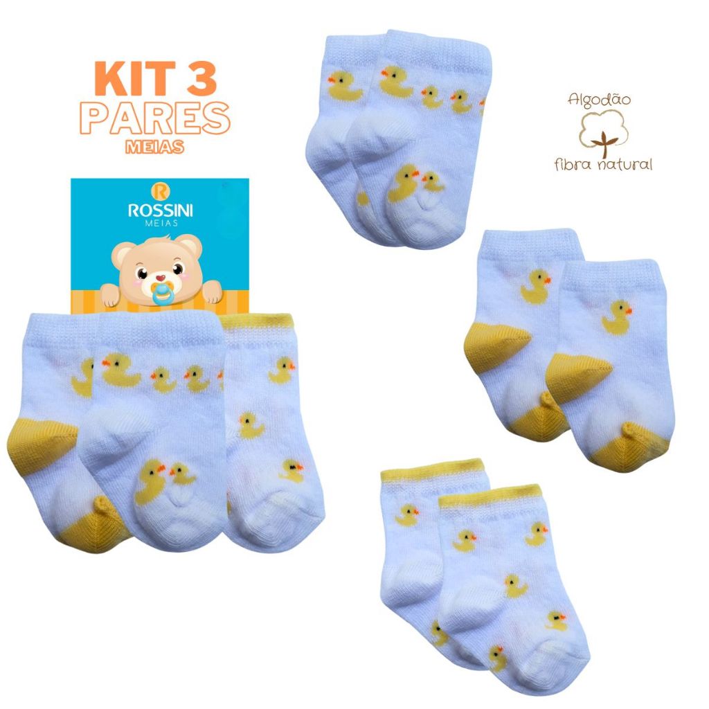 Kit 3 Pares de Meias Bebê Recem Nascido Maternidade Algodão Patinhos em Oferta na Shopee