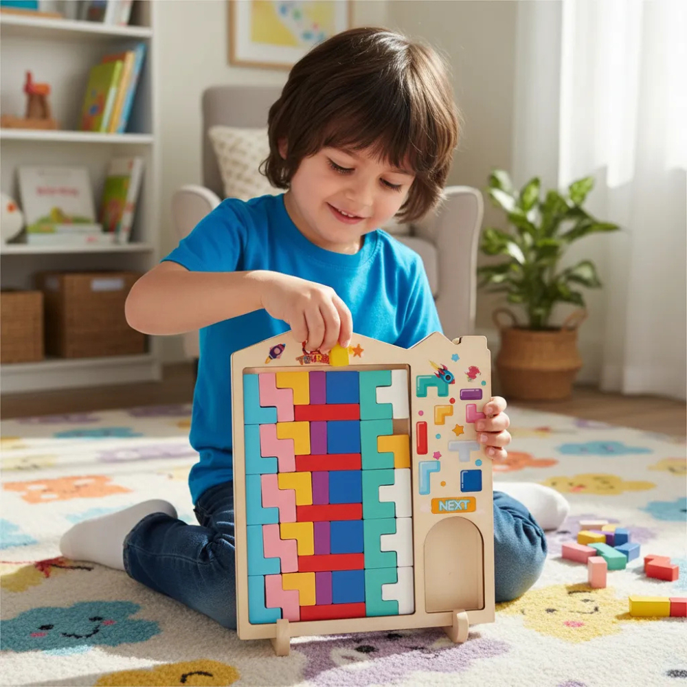 Tabuleiro Educativo Quebra-Cabeça Madeira 20 X 20 cm 3d Brinquedo Tetris Pedagógico Desenvolver o Cérebro