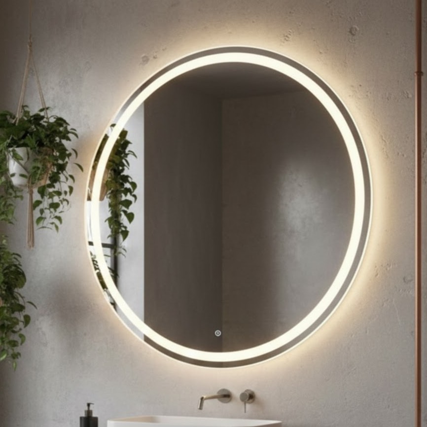 Espelho Redondo 50x50cm Jateado com Led 3 Cores Lapidado Decoração Moderna Quarto Sala Banheiro