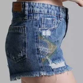 Shorts Jeans Feminino Sawary Bordado Bandeira do Brasil Copa 2026