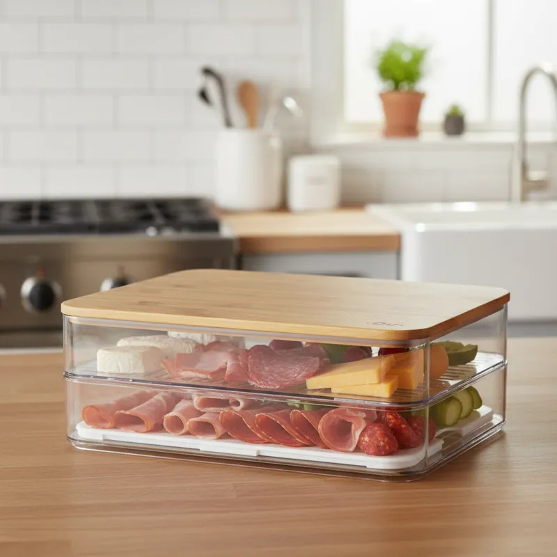 Porta Frios Acrílico Duplo Com Tampa Bambu Clear Fresh Cozinha Presunto Queijo Salame Ou