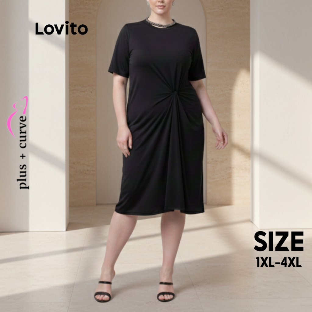 Lovito Vestido Plus Size Midi Manga Curta Com Nó Frontal LB289BRL318 em Oferta na Shopee