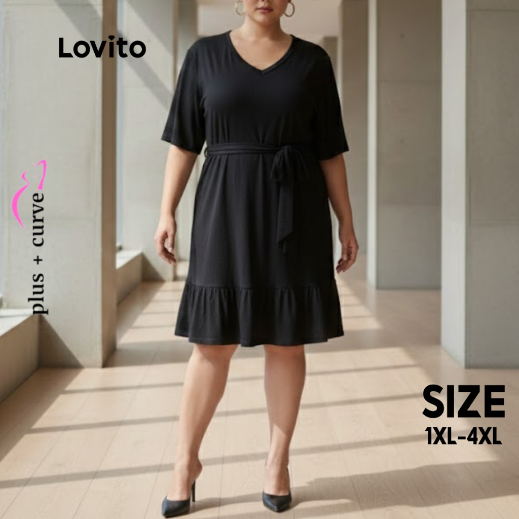 Lovito Vestido Plus Size Feminino Manga Curta Amarração na Cintura LB363BRL392 em Oferta na Shopee