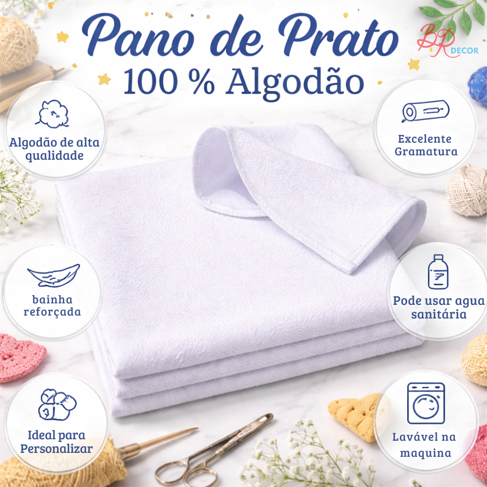 Pano de Prato Branco 100% Algodão | Alta Absorção e Durabilidade | Ideal para Cozinha e Artesanato